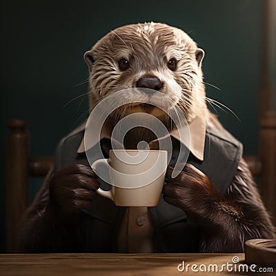 Hyper-realistic Otter With Coffee Mug In Unreal Engine Style Stock Photo