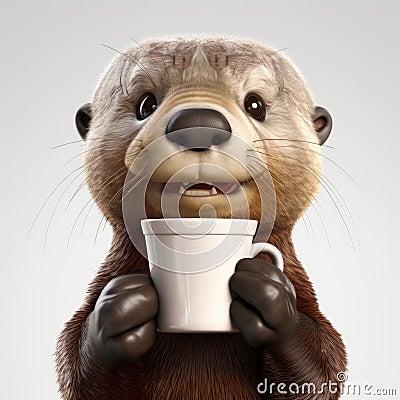 Hyper-realistic Otter With Coffee Mug: Unreal Engine Style Rendering Stock Photo