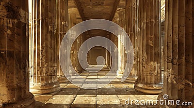 Hyper realistic photo of ancient temple corridor with elaborately designed columns Stock Photo