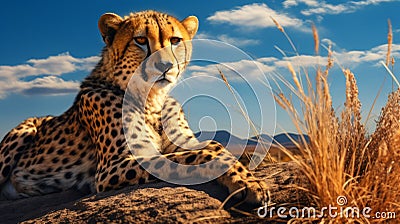 Hyper-realistic Portraiture Of Cheetah Resting On Rock At Sunset Stock Photo