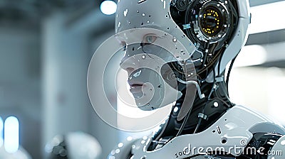 Hyper-realistic render of advanced AI robot, human-like features, lab setting Cartoon Illustration