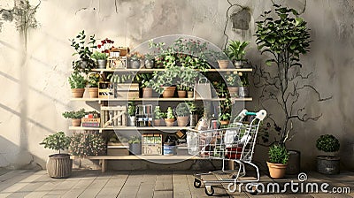 Hyper-Realistic Shop Shelves Filled with Potted Plants and Gardeners Wares Stock Photo