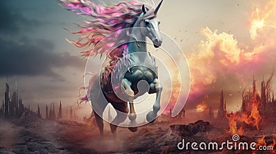 Hyper-realistic Unicorn Running Through Fiery Apocalypse Stock Photo