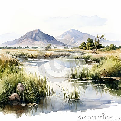 Hyper Realistic Watercolor Landscape With Swamps, Grass, And Mountains Cartoon Illustration