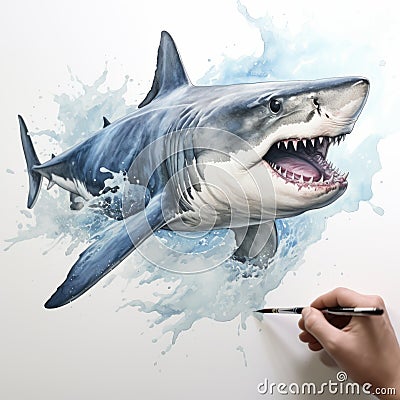 Hyper-realistic Watercolor Painting Of A Detailed Shark Stock Photo