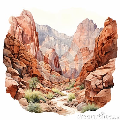 Hyper Realistic Watercolor Painting Of Zion National Park Canyon Cartoon Illustration