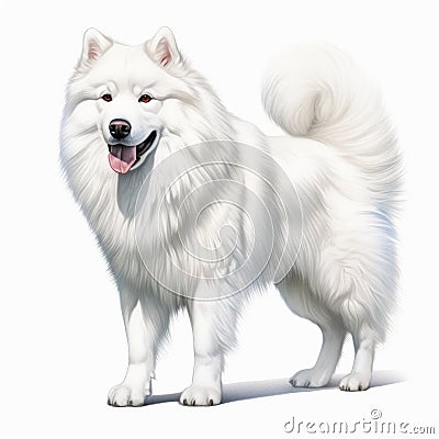 Hyper-realistic White Samoyed Dog Standing Illustration On White Background Cartoon Illustration