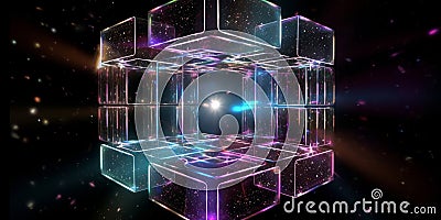 hypercube spaceship timewarp rainbow Tesseract on glitter background generative AI Stock Photo