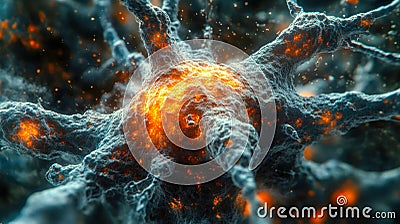 Hyperdetailed 3D rendering of neural activity with glowing synapses and orange sparks symbolizing brain connections and Stock Photo