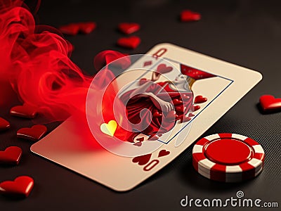 a hyperdetailed photorealistic macro image of a queen of hearts playing card lying on a card table. The queen is composed entirely Stock Photo