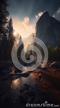 Yosemite Landscape With A Waterfall And Lake At Sunset Stock Photo