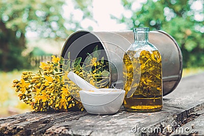 Hypericum - St Johns wort flowers, oil or infusion bottle, mortar and big vintage metal mug of Hypericum flowers. Stock Photo