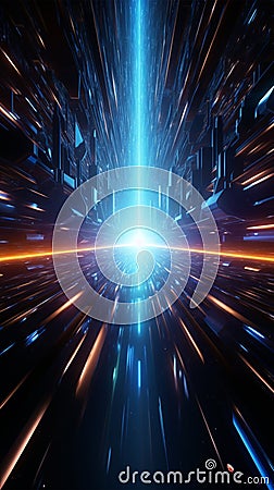 Hyperjump through a futuristic space tunnel with blue neon acceleration Stock Photo