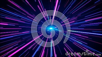 Hyperjump in space. Multicolored glowing neon rays. High speed tunnel motion zooming in Stock Photo