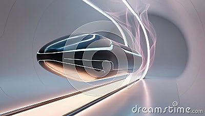 hyperloop capsule gliding through futuristic tunnel with glowing trails, showcasing minimalistic design and vivid gradients, Stock Photo