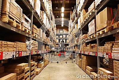 Hypermarkets, logistics centers, warehousing, shelving goods on display, Editorial Stock Photo