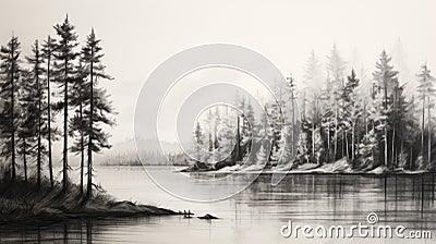 Hyperrealistic Black And White Drawing: Pine Trees By The Lake Stock Photo