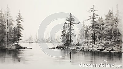 Hyperrealistic Black And White Drawing Of Pine Trees By The Water Stock Photo