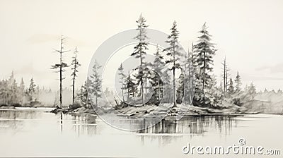 Hyperrealistic Black And White Drawing Vancouver School Lake Landscape Stock Photo