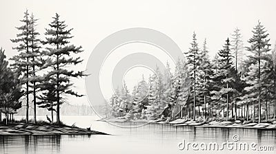 Hyperrealistic Black And White Pine Trees Sketch By The Lake Stock Photo