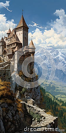 Hyperrealistic Castle Painting With Mountainous Vistas Cartoon Illustration