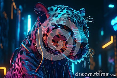 Hyperrealistic Cyberpunk Cheetah in Urban Neon Rococo 3D World Stock Photo