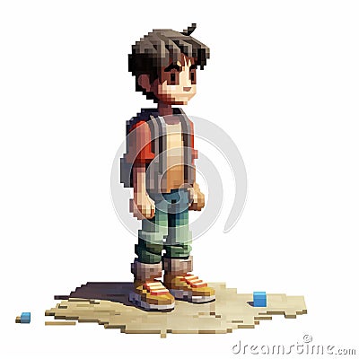 Hyperrealistic 3d Pixel Boy On Beach - Stylized Cartoon Character Stock Photo