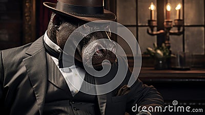 Hyperrealistic Fantasy Portrait: Hippo In A Hat Wearing A Suit Cartoon Illustration