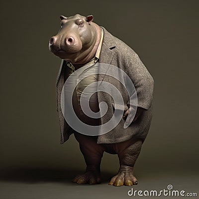 Hyperrealistic Fantasy Portrait: Hippopotamus In A Brown Coat And Suit Cartoon Illustration