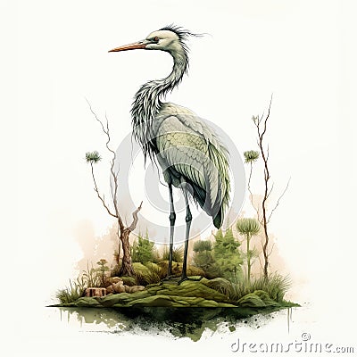 Hyperrealistic Fauna: A Painted Heron On A Misty Hill Stock Photo