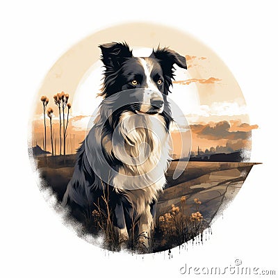 Hyperrealistic Illustration Of Border Collie In Field At Sunset Cartoon Illustration