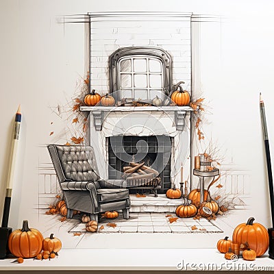 Hyperrealistic Interior Design Sketch Halloween Decorated Fireplace With Recliner Cartoon Illustration