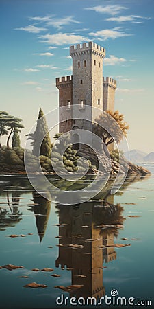 Hyperrealistic Lagoon Painting: Reflections Of Castello Di Ama Stock Photo