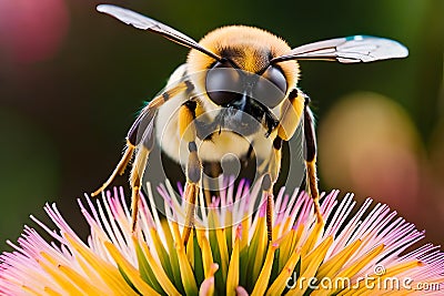 Hyperrealistic macro photo of bee sucking flower honey. Stock Photo