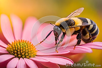 Hyperrealistic macro photo of bee sucking flower honey. Stock Photo