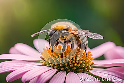 Hyperrealistic macro photo of bee sucking flower honey. Stock Photo