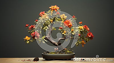 Hyperrealistic Orange Bonsai Tree With Red Flowers - 8k Resolution Stock Photo