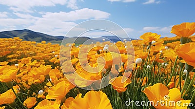 Hyperrealistic Orange Flowers In A Mountainous Landscape Stock Photo