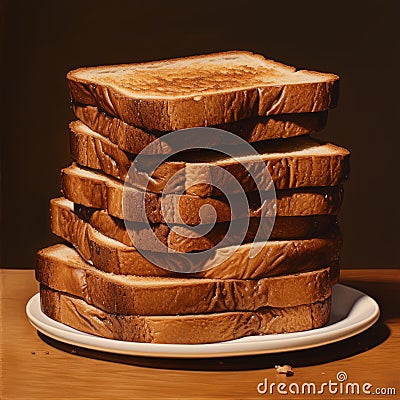 Hyperrealistic Painting Of Giant Stack Of Toast On Brown Plate Stock Photo