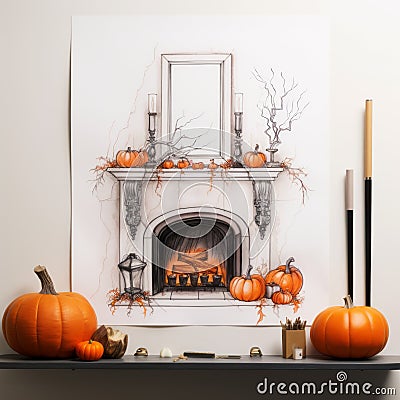 Hyperrealistic Pencil Drawing Of Halloween Decorated Fireplace Cartoon Illustration