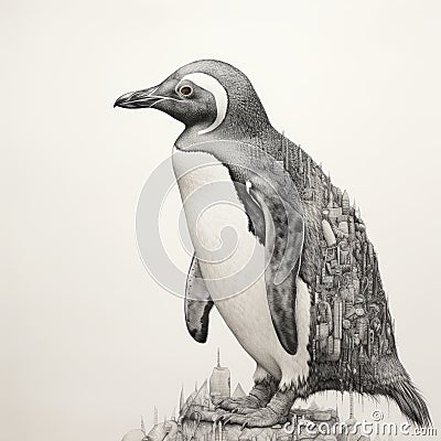 Hyperrealistic Penguin Drawing With Cityscape By Jacky Druz Cartoon Illustration