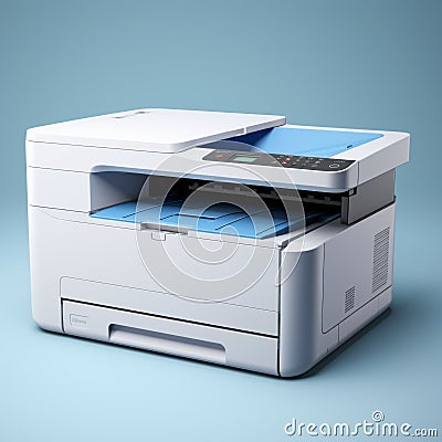 Hyperrealistic Precision: White Printer On Blue Background Stock Photo