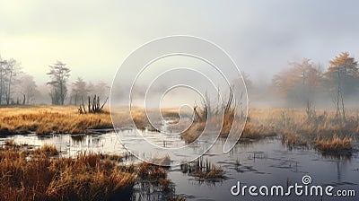 Hyperrealistic Rendering Of Fog Covered Trees And Marsh Stock Photo