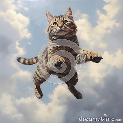 Hyperrealistic Tabby Cat Flying Through The Clouds Painting Stock Photo
