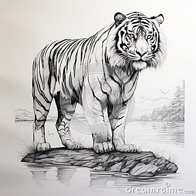 Hyperrealistic Tiger Drawing On Rock: Detailed Linework And Elegant Inking Techniques Cartoon Illustration