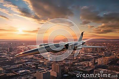 hypersonic aircraft soaring above city skyline Stock Photo