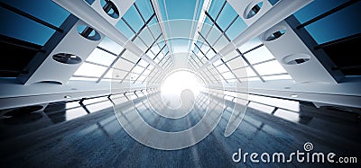 Hyperspace Sci Fi Alien Spaceship Cosmic Tunnel Corridor Refelctive Concrete Columns Triangle Shaped Hallway Path Gate Glowing Stock Photo