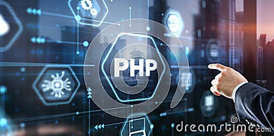Hypertext Preprocessor PHP Programming. Interpreted programming language Stock Photo