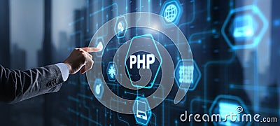 Hypertext Preprocessor PHP Programming. Interpreted programming language Stock Photo