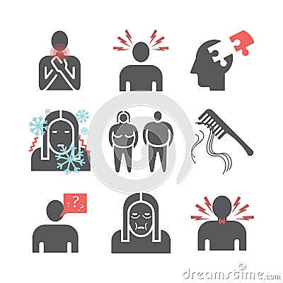 Hyperthyroidism. Symptoms, Treatment. Flat icons set. Vector signs for web graphics. Stock Photo